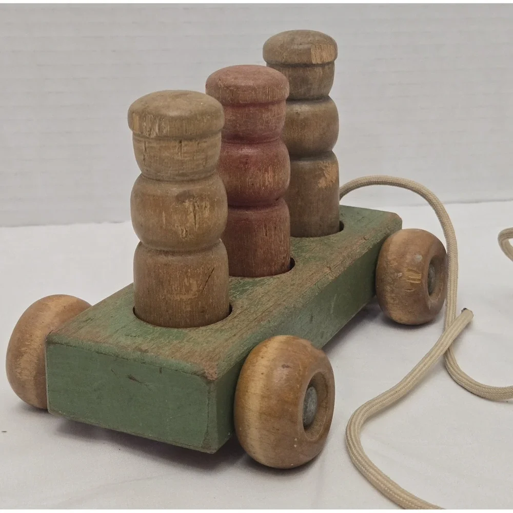 Holgate Wooden Pull Toy with 3 People Pegs, Vintage Kids Learning Original Paint